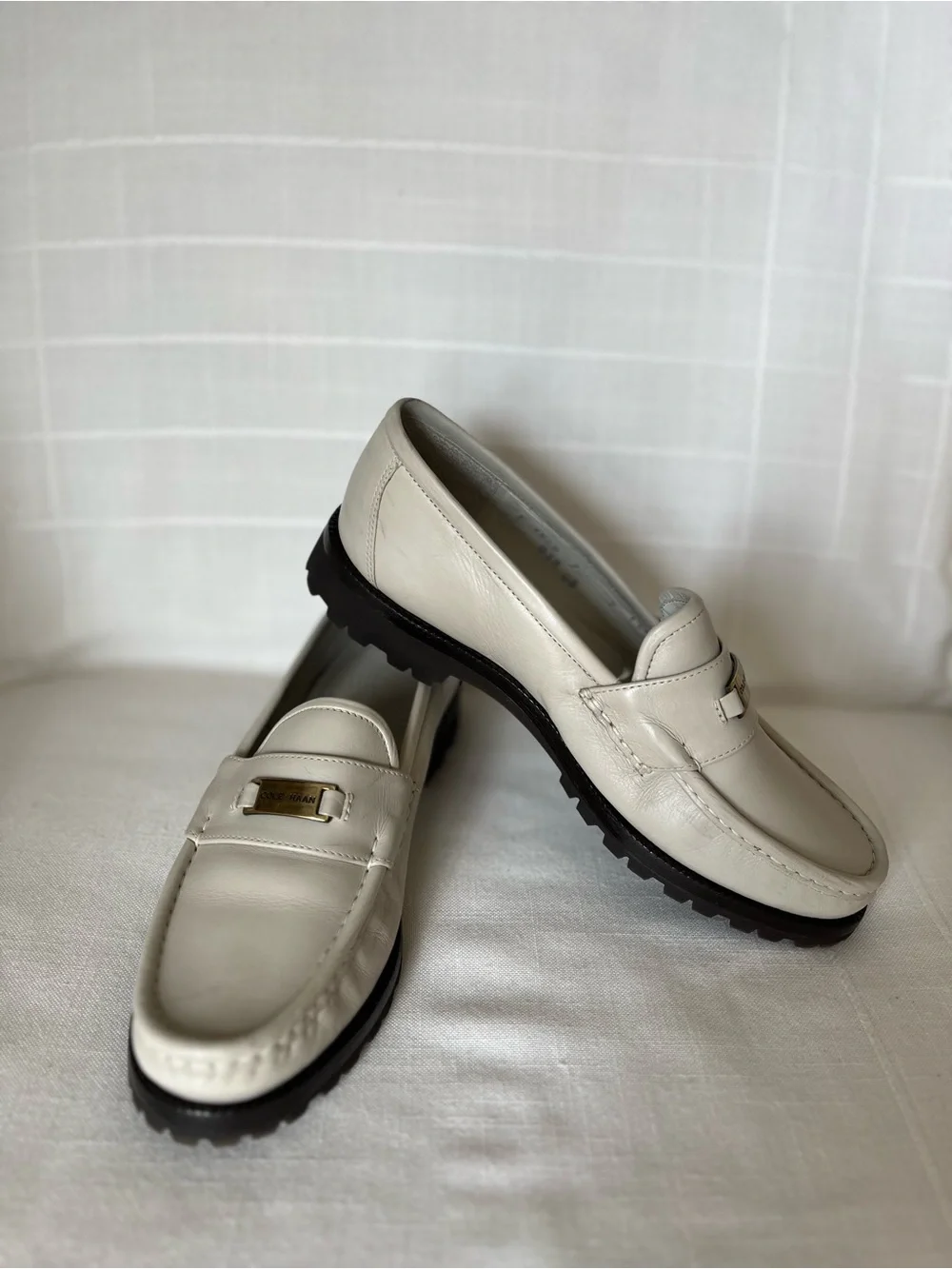 Cole Haan Cream Leather Penny Loafers with Gold Plaque